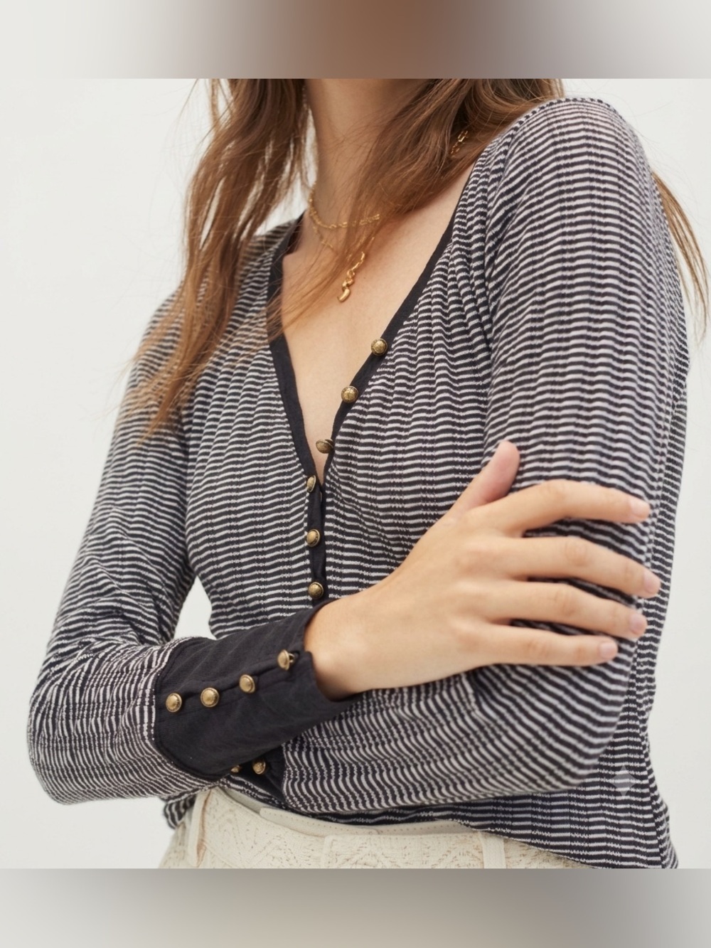 Anthropologie Pilcro Ribbed Striped Henley Shirt Long Sleeve Buttons, XL